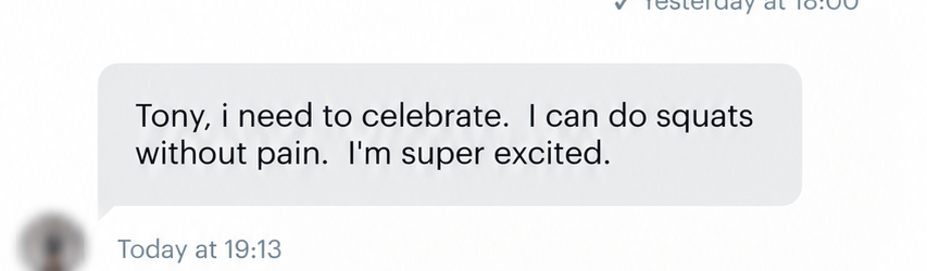 Heidi challenge message celebrating a squat without pain