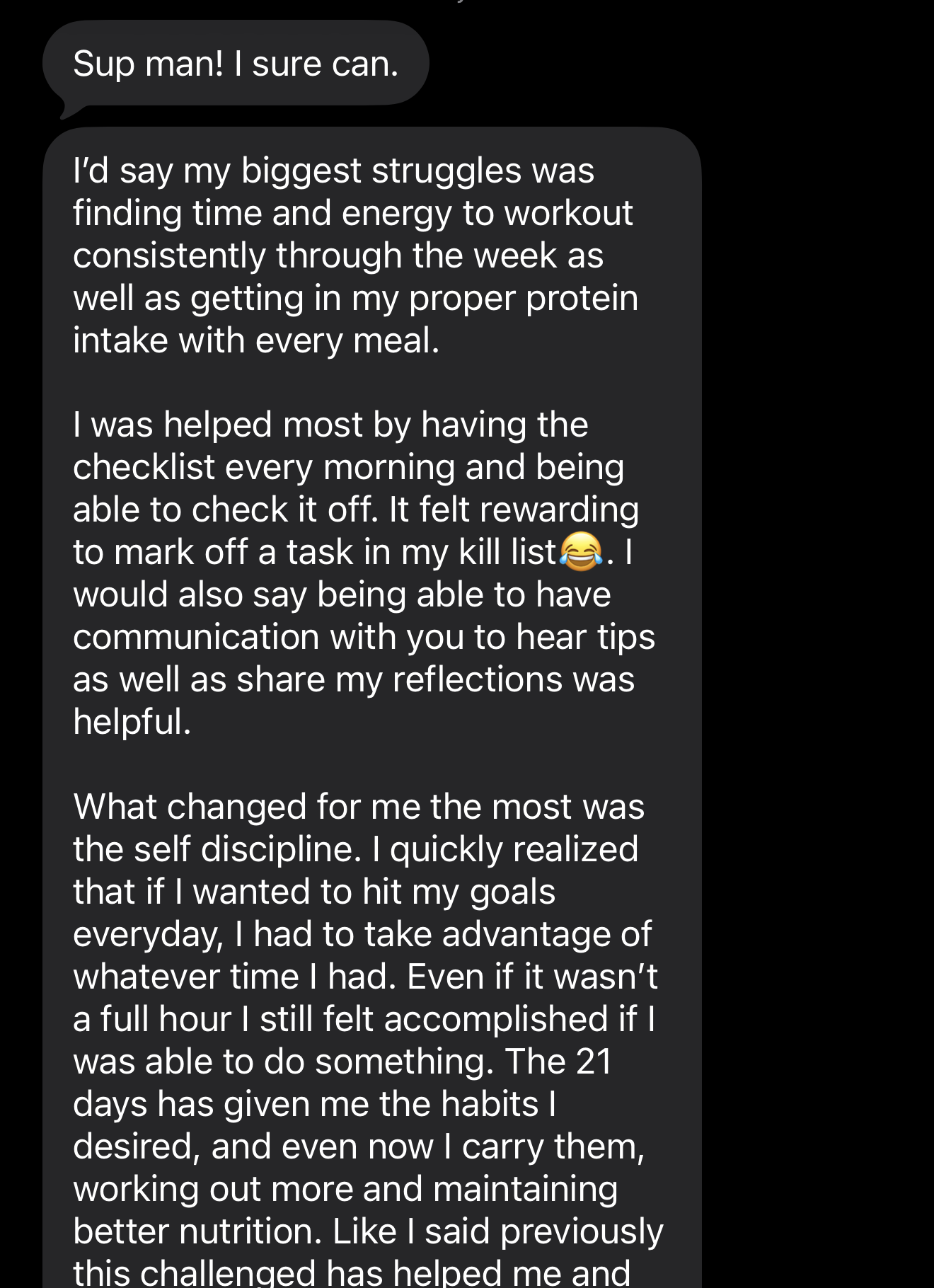 Isaiah challenge feedback about lasting habits, workouts, and nutrition